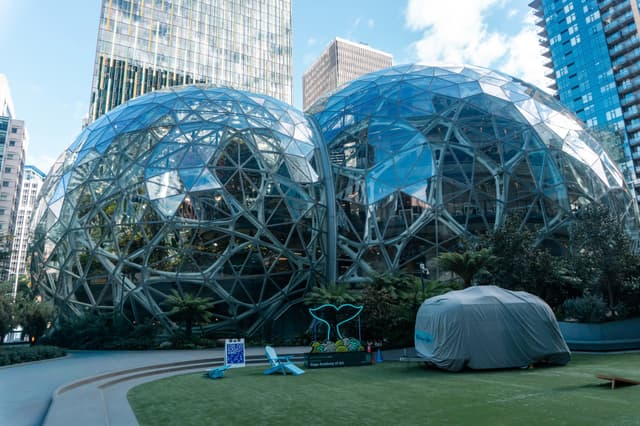 Geodesic bio-domes with white lattice exteriors sit on a grassy field, set against a backdrop of tall city skyscrapers